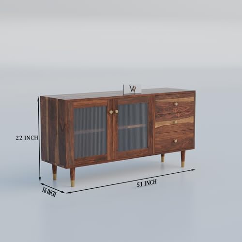Image of VAP Solid Sheesham Wood Sideboard Cabinet with Tile Design Doors & 3 Drawers | Wooden Crockery & Buffet Storage Cabinet for Living Room & Dining Room | Modern Crockery Cabinet | Honey Finish