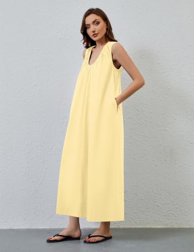 Image of OLAPTA Women Summer Sleeveless Maxi Dress Scoop Neck Ruched Loose Fit Casual Elegant Solid Vacation Long Dress with Pockets
