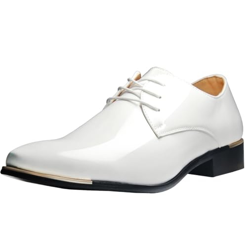 zpllsbratos Derby Chaussures de Ville à Lacets Cuir Vernis Homme Oxford Bout Pointu Business Mariage 38-48(Blanche,44 EU)