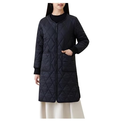 NSICBMNO Manteau d'hiver léger matelassé pour femme - Grande taille - Manteau d'hiver long avec fermeture éclair - Col rond - Manteau long rembourré - Veste chaude en coton, 01 - Noir, 4XL