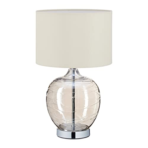 Relaxdays Lampe de table, avec pied en verre, abat-jour tissu, douille E14, luminaire chevet, HxD : 41x25 cm, champagne