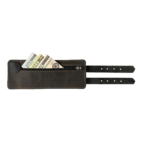 Image of Hide & Drink, Stylish Wrist Wallet Cuff, Wristband with Secret Pouch, Cash Holder, Money Organizer, Full Grain Leather, Handmade, Bourbon Brown /Charcoal Black