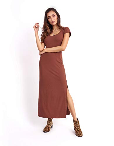 Vestido Midi com Fendas Tamanho:GG;Cor:Marrom