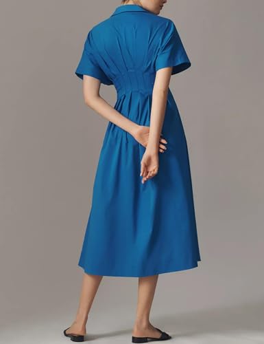 Image of Women's Striped Button Front Pleated Maxi Shirts Dress Short Sleeve Collar V Neck Summer Casual Corset Long Dress