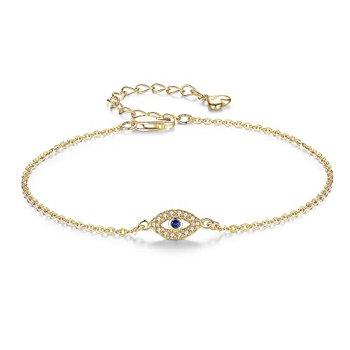 Image of Hamsa Evil Eye Bracelet 925 Sterling Silver Cubic Zirconia Anklet for Women Chain Adjustable 6.3in+1.6in