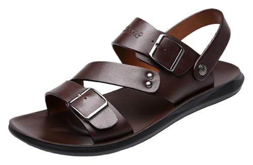 Men's Summer Leather Buckle Casual Flat Sandals With Adjustable Ankle Straps Slip-On Beach Sandals Open Toe Non-Slip Soft Comfortable Slide Sandals For Men
