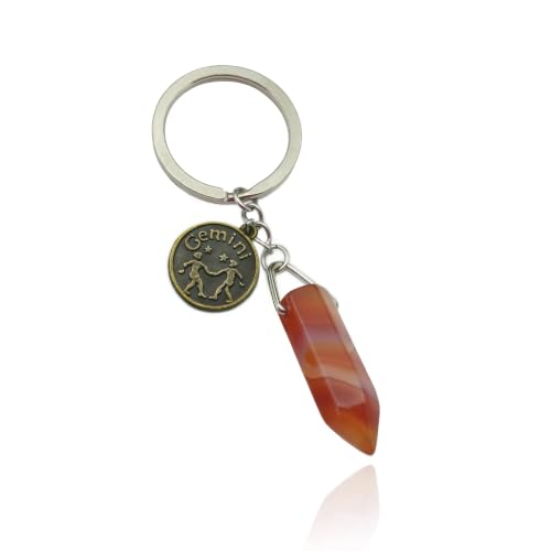 ZUOPIPI Zodiac Crystal Stone Keychain Natural Rose Stone/Red Agate/Aventurine Healing Crystal Keychain (Gemini)