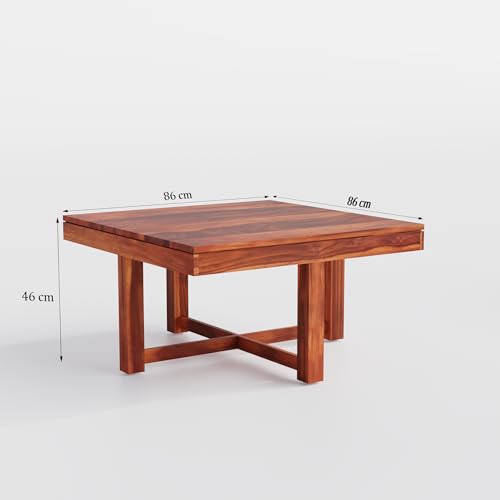 Image of Solid Sheesham Wood Coffee Table with 4 Cushioned Nested Stools | Space-Saving Center Table for Living Room | Modern Wooden Tea Table Set for Home, Lounge & Office Decor | Sheesham, Walnut Brown