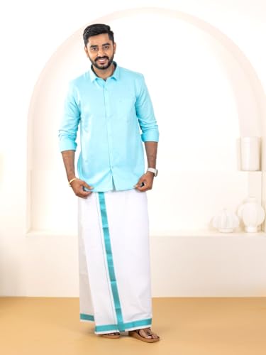 Image of RAMRAJ COTTON Men Premium Cotton Full Sleeves Shirt and Fancy Border Dhoti Set Luxe Set