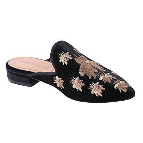 Image of Fericzot Women's Velvet Backless Pointed Toe Slip On Loafers Flats Embroidery Mule Slippers Shoes