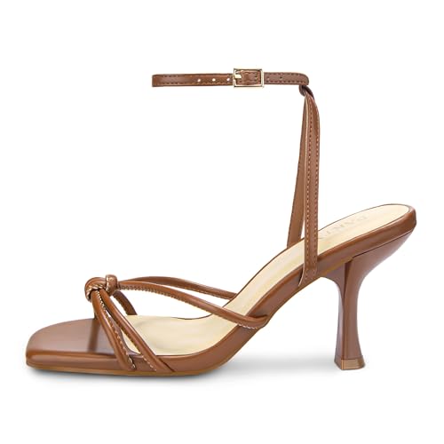 PARTY Women's Square Open Toe Strappy Heeled Sandals 3 inch Stiletto Kitten Heel with Ankle Buckle Strap, Comfortable Slingback Summer Dress Shoes3