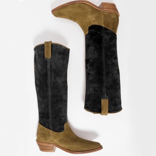 Women Slouch Western Knee High Boots Low Chunky Stacked Heel Square-Pointed Toe Suede Tall Cowboy Boots Wide Calf Two-Toned Pull On Long Combat Boot Comfort Vintage Fall Winter 4-11 M US4