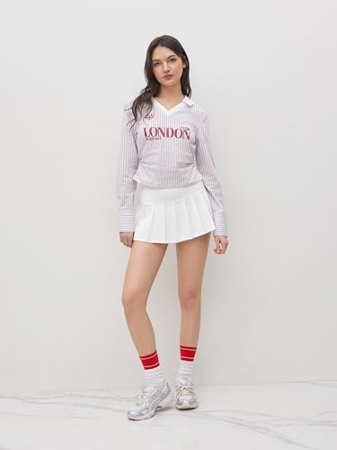 CIDER Long Sleeve Shirts for Women Graphic Collegiate Collar Stripe Ruched Blouse Academic Varsity Woven Top4