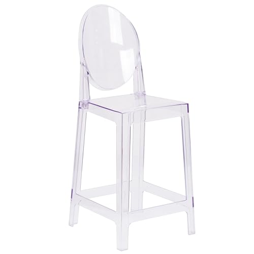 Butaco de altura para barra Flash Furniture Revna con respaldo ovalado en cristal transparente | Respaldos ovalados, construcción duradera, uso comercial miniatura 1