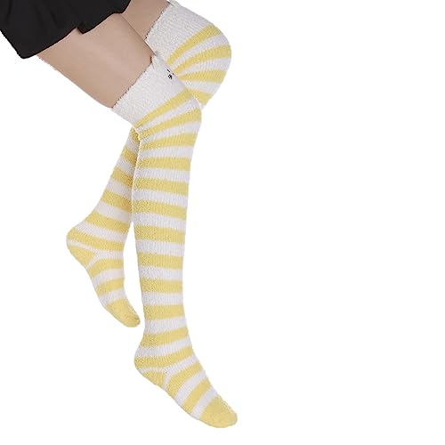 Image of Thigh High Fuzzy Socks Cute Animal Coral Fleece Over the Knee Thigh High Long Stockings Warm Stripe