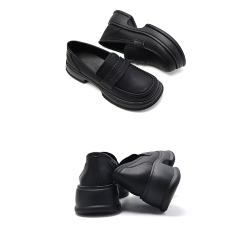 Image of Chunky Heel Platform Penny Loafers Women's Waterproof Fashionable Round Wide Toe Slip-On Thick Sole Work Shoes for Uniform Business Work Formal Wear