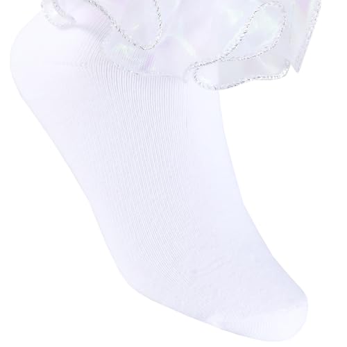 6 Pairs Girls White Ruffle Socks Toddler Big Double Shimmering Lace Turn Cuff Dress Socks3