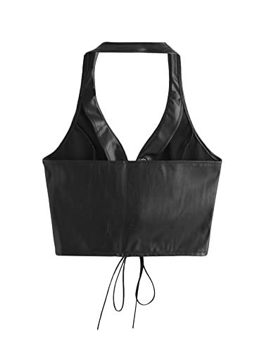 SweatyRocks Women's Faux Leather Crop Tank Top Lace Up Tie Front Halter Tops2