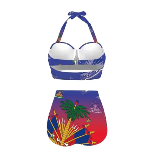 GLUDEAR Women Haitian Flag Print High Waisted Bikini Set Two Piece Tummy Control Vintage Swimsuit Halter Bathing Suit4