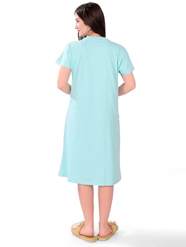 Image of Printed Knee Length Pocket Night Dresses for Women | Cat Lovers | Premium Soft Cotton Nighty | Sky Blue