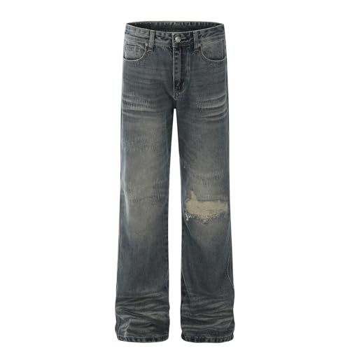 Jeans Pants Trousers Denim Retro Street Trendy Punched Water Washed Blue Loose Micro Horn Commuter Straight for Men3