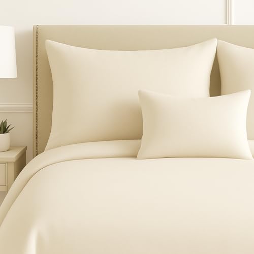 Image of DECOR2ADMIRE 300 TC Premium Glace Cotton Solid Lines Pastel Shades Bedsheet for Single Bed with 1 Pillow Cover for Home (Solid-Plain Cream, Single 60 inch x 90 inch)