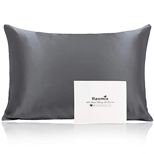 Ravmix 100% Pure Natural Silk Pillowcase for Hair and Skin with Hidden Zipper Standard Size 21 Momme 600TC Hypoallergenic Soft Breathable Both Sides Silk, 20Ã—26inches, 1PCS, Space Gray