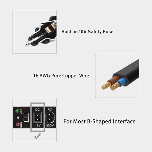 Image of Efillooc 12V DC Power Cord, 10A Fuse, Compatible with Tropicool Black & Decker Portable Car Fridge Mini Cooler Refrigerator (Fridge Cable B)