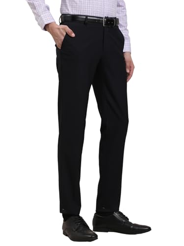 Image of Turtle Men's 4-Way Stretch Slim Fit Formal Trousers | Flat Front Checkered Navy Blue Office Pants | Comfortable Business Wear for Men