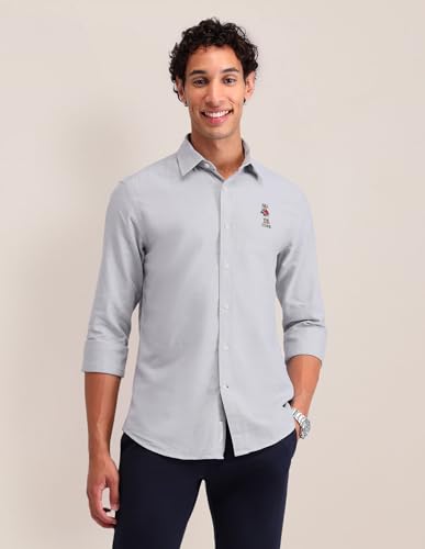Image of U.S. Polo ASSN. Solid Tailored Fit Shirt for Men - 100% Cotton, Breathable & Comfortable, Full Sleeves Casual Shirt for Men