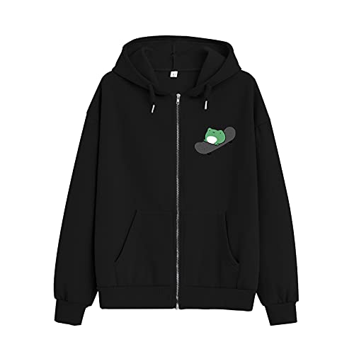 Keevici Women's Cute Frog Skateboarding Sweatshirt Brown Zip Up Hoodie Oversized Cotton Aesthetic Clothes Y2K Long Sleeve Top (Black,L,Large) #TOP19