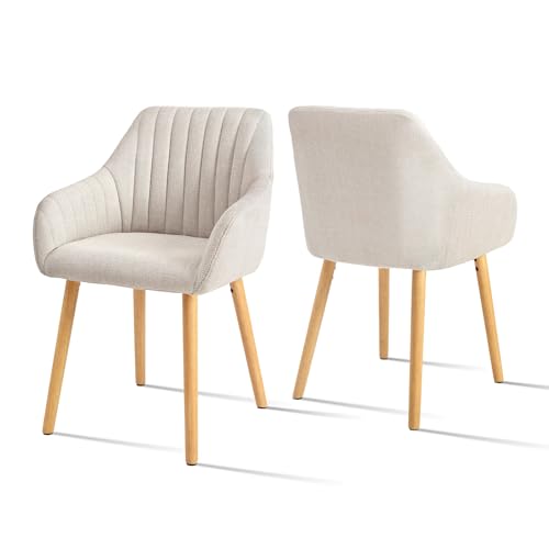 Goeurvant Chaises Beige Salle à Manger Lot de 2 avec Accoudoirs Chaises Fauteuil rembourrée en Polyester avec Pieds en Bois pour Salon Cuisine et Bureau