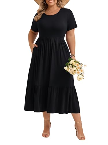 Image of LARACE Plus Size Dresses for Women Summer Casual Short Sleeve Long Dress Flowy Maxi Beach Dresses with Pockets L-6XL