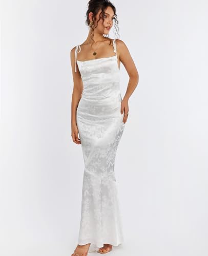 GLNEGE Damen Satin Bodycon Maxikleid Elegant Formell Spaghettiträger Wasserfallausschnitt Abend Party Kleider – Bild 5