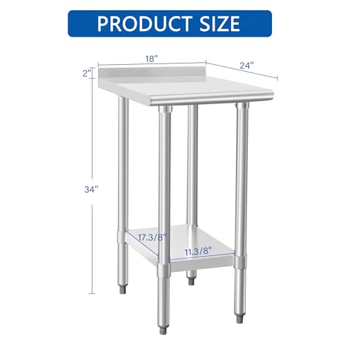 Image of HARDURA Stainless Steel Commercial Work Table Prep Work Metal Table 24x18 Inches with Undershelf and 2 inch Backsplash Heavy Duty NSF 430 for Kitchen Food Prep