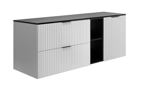 3E 3xE living.com Conjunto de baño: Mueble con cajones, Mueble con Puertas y balda 57×46×140 cm, Blanco/Negro, Tirador Negro