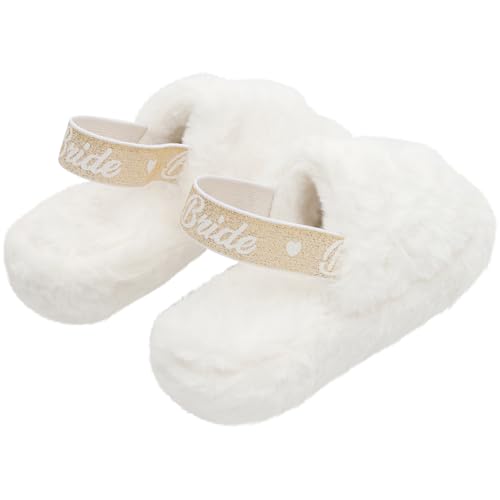 Bride Slippers - Bride Gifts for Bridal Shower, Bachelorette Party, Engagement Party, Wedding Day, etc. - Cozy White Fur Slippers with Cute Gold Elastic Strap for Bride to Be