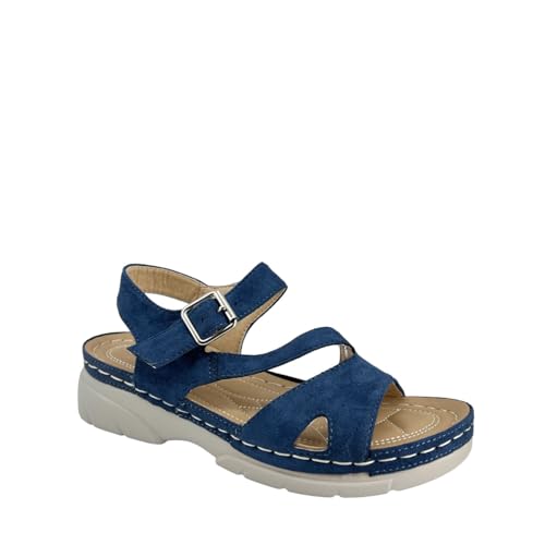 MODELISA - Sandalia Plana Cómoda Punta Abierta Hebilla Estilo Casual Mujer (Azul, Sistema tallas calzado EU, Adulto, Mujer, Números, mediano, 37)