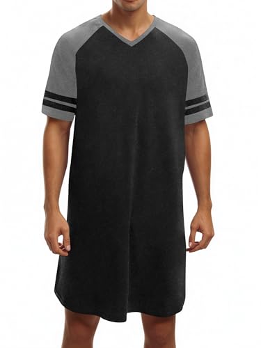 Runcati Mens Nightshirt Short Sleeve V Neck Nightgown Color Block Loose Fit Comfy Lounge Pajama Sleepwear
