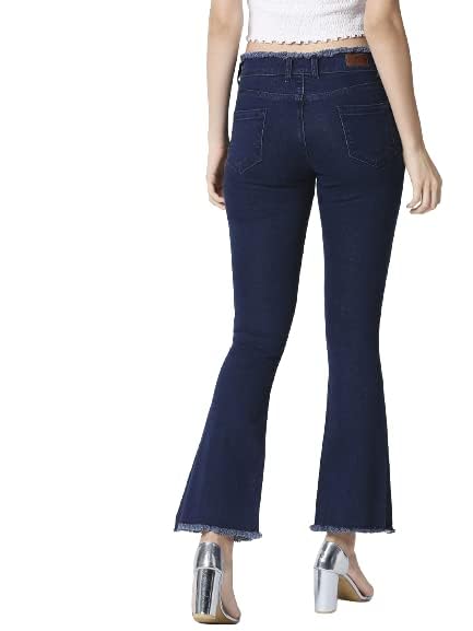 Image of HIGH Star Women Blue Bootcut Frayed Hems Stretchable Jeans
