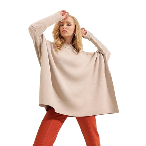 Image of Women's Crew Neck Batwing Sleeve Split Hem Oversized Knit Poncho Sweater