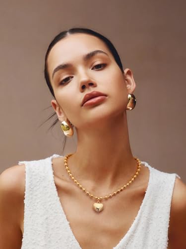 POTESSA 18K Gold Puffy Heart Pendant Necklace Chunky Satellite Beads Chain Choker Detachable Heart Charm Jewelry Handmade for Women