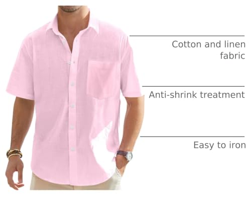Image of J.VER Mens Linen Shirt Short Sleeve Button Down Casual Summer Shirts | Cotton Linen, Untucked, Big Tall, from Beach Camp Vacation, Cruise Fishing, Work Office, to Wedding Party Family, with Pocket