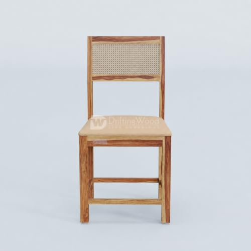 Image of DRIFTINGWOOD Amber Solid Sheesham Wood 6 Seater Dining Table Set with Rattan Back Chairs | Beige Velvet Cushioned Seating for Home & Dining Room (Natural Finish, DIY)
