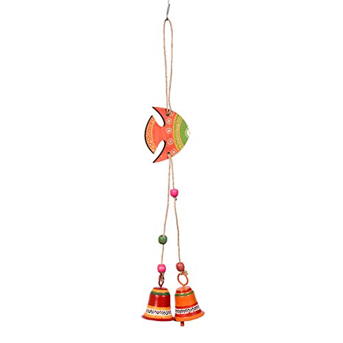 Image of Aakriti Art Creations Orange Fish Wind Chime with 2 Metal Bells | Handmade Modern Art Wooden & Metal Wind Chime | Outdoor & Indoor Decorative Wind Chimes for Balcony, Garden, Living Room & Gifting