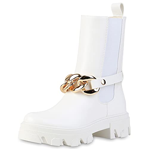 VAN HILL Damen Plateau Boots Blockabsatz Stiefeletten Freizeit Schuhe Ketten Stiefel Profilsohle Booties Absatzschuhe 201146 Weiss 41