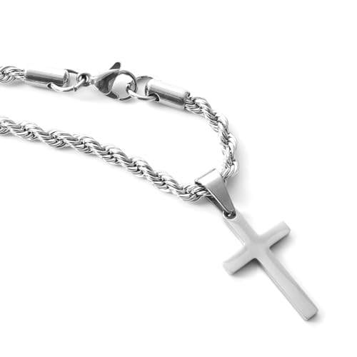 Kors halsband för män, rostfritt stål kors hänge halsband med repkedja, herrmode smycken, herrhalsband i silver, gåvor till honom, pojkvänspresenter, Rostfritt stål