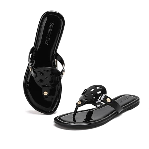 Stratuxx Kaze Womens Dressy Patent Leather Thong Sandals with Memory Foam Comfy Beach Slides Slip On Flat Sandals for Women