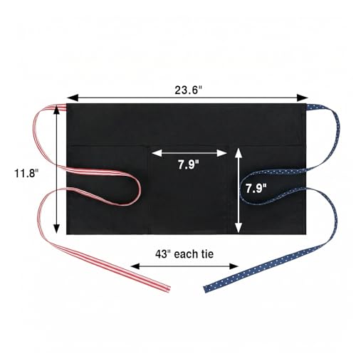 Image of BOHARERS 3-Pocket Waist Apron With American Flag Print Straps - Black Waitress Waiter Server Short Aprons