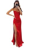 Wchecalino Red Satin Prom Dress 2025 Long Spaghetti Straps Sexy High Slit Sweetheart Formal Evening Party Dresses 6-CP